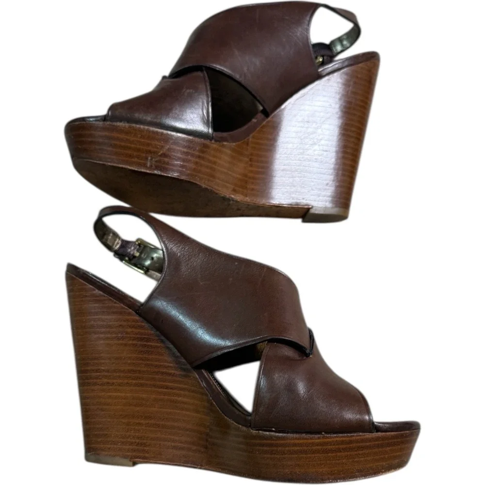 Coach Jamila‎ Wedge Sandals Brown Leather Open Toe Heels Size 8.5B - Picture 4 of 11